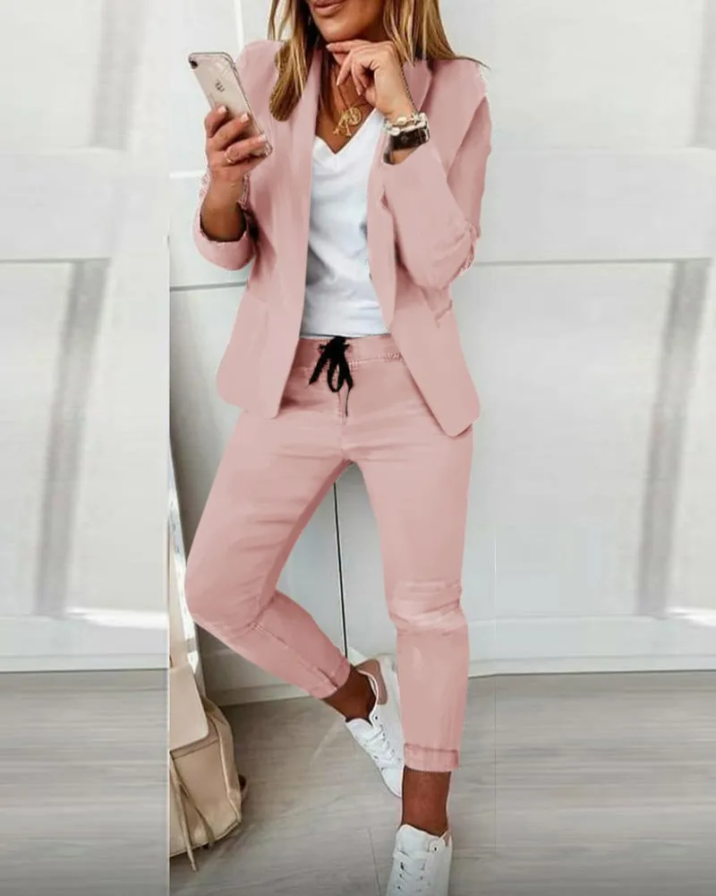 Casual Suit Two Pieces for Women Simple Fashion Set Autumn Female Turndown Collar Single Breasted Solid Blazer and Pants Set