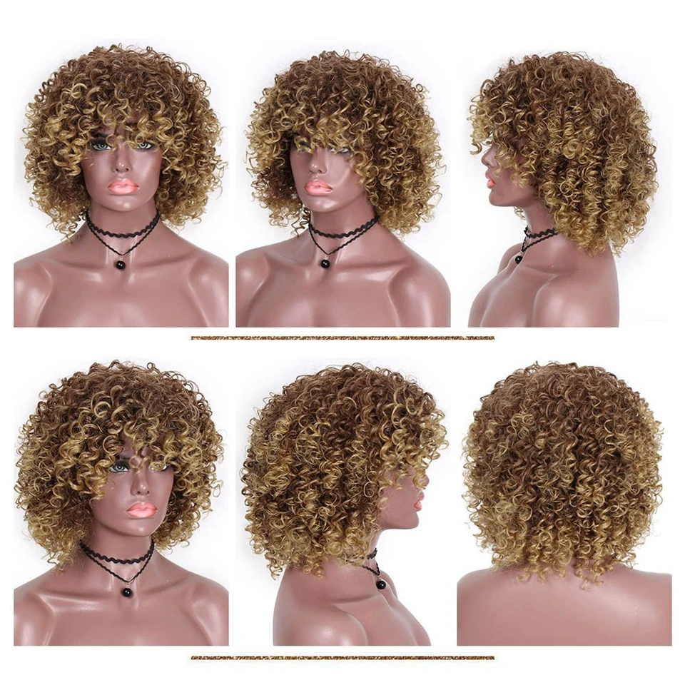 Dream Like Ombre Color Short Curly Synthetic Wigs for Black/white Women Cosplay Party Blonde And Brown Afro Wig With Bang