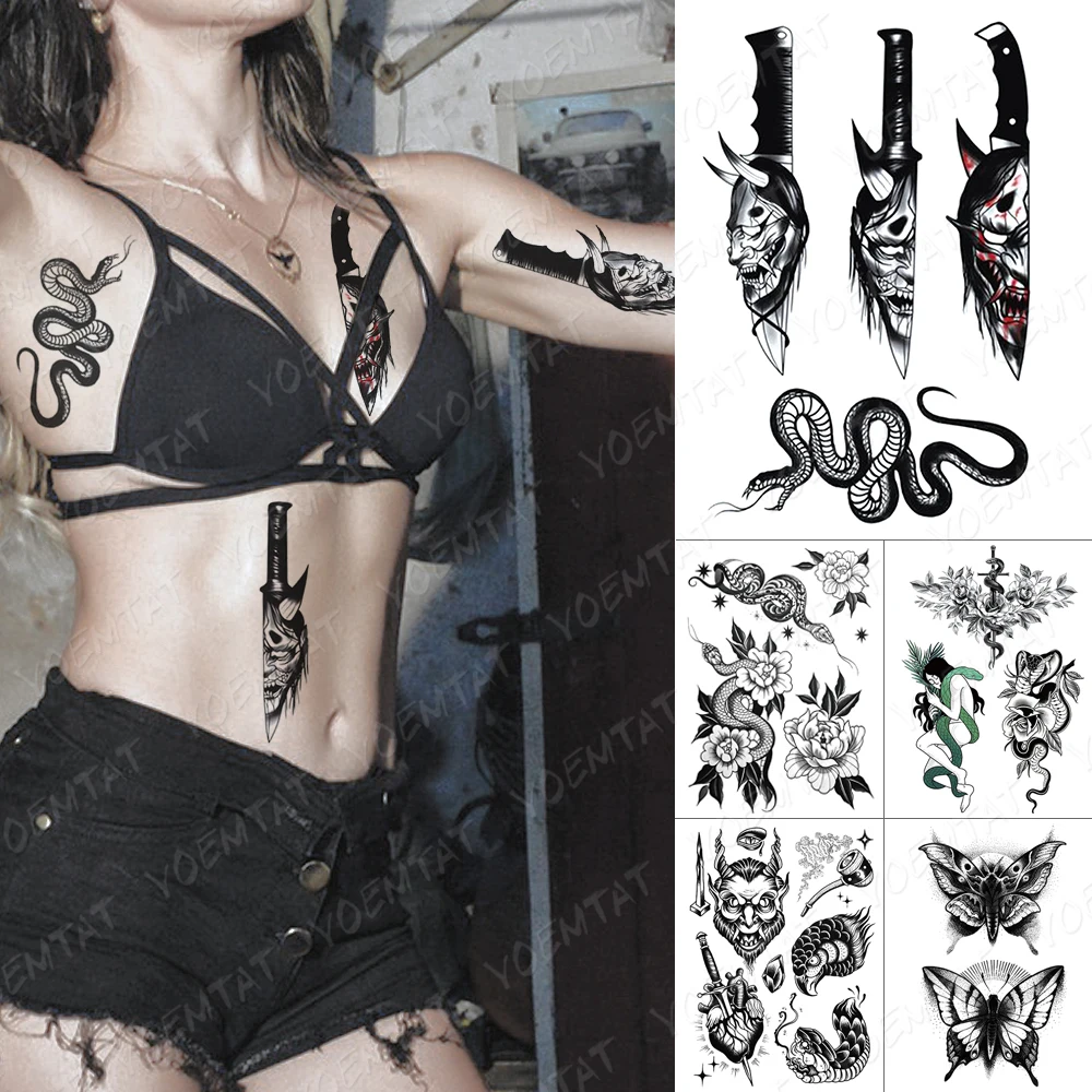 Waterproof Temporary Tattoo Sticker Old School Prajna Demon Knife Fake Tattoos Snake Rose Body Art Arm Fake Tatoo Women Men