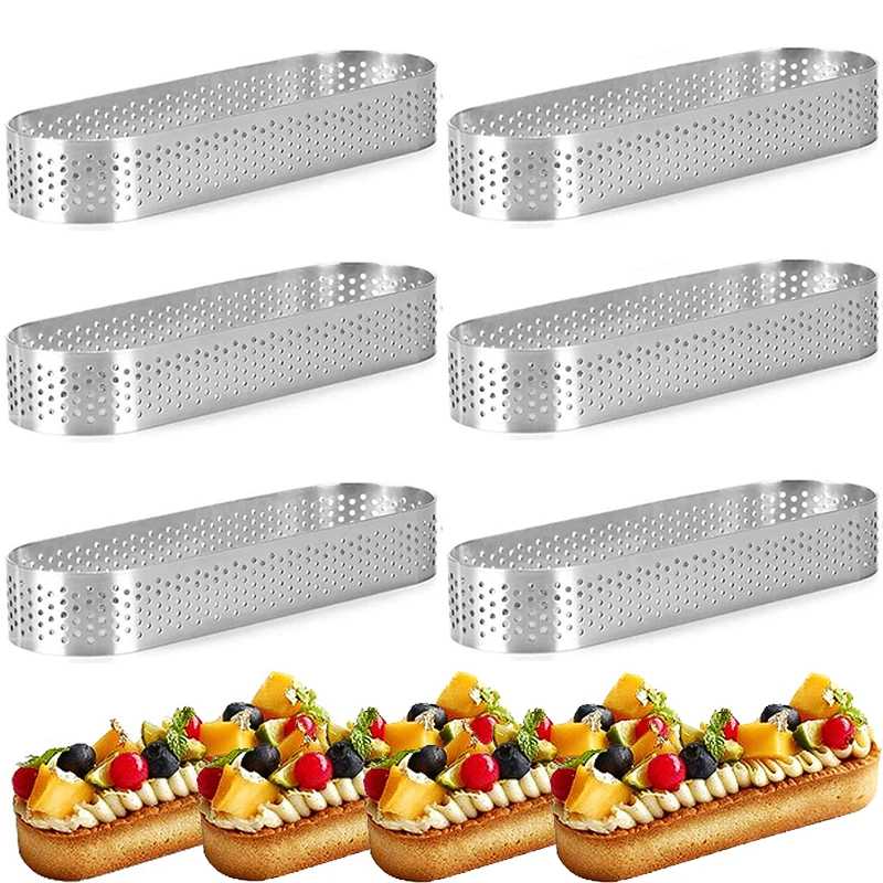 6Pcs Oval Muffin Tart Rings Stainless Steel Porous Tart Ring Perforated Cake Mousse Mold Cookies Cutter Pastry Quiche Mold Tool