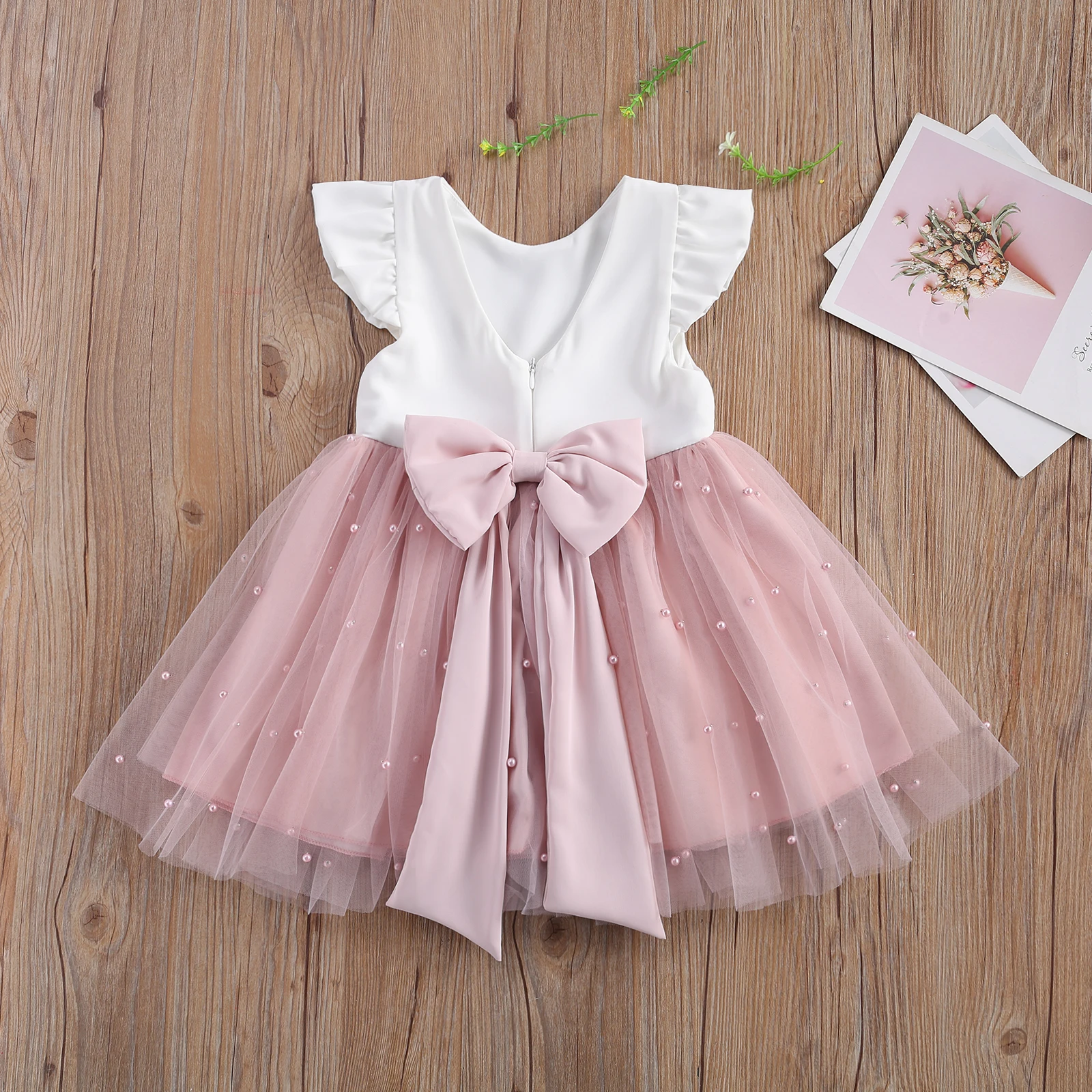 0-5Y Summer Princess Infant Baby Girls Dress Ruffles Sleeve Solid Pearl Lace Patchwork Back Bowknot Tutu Dress