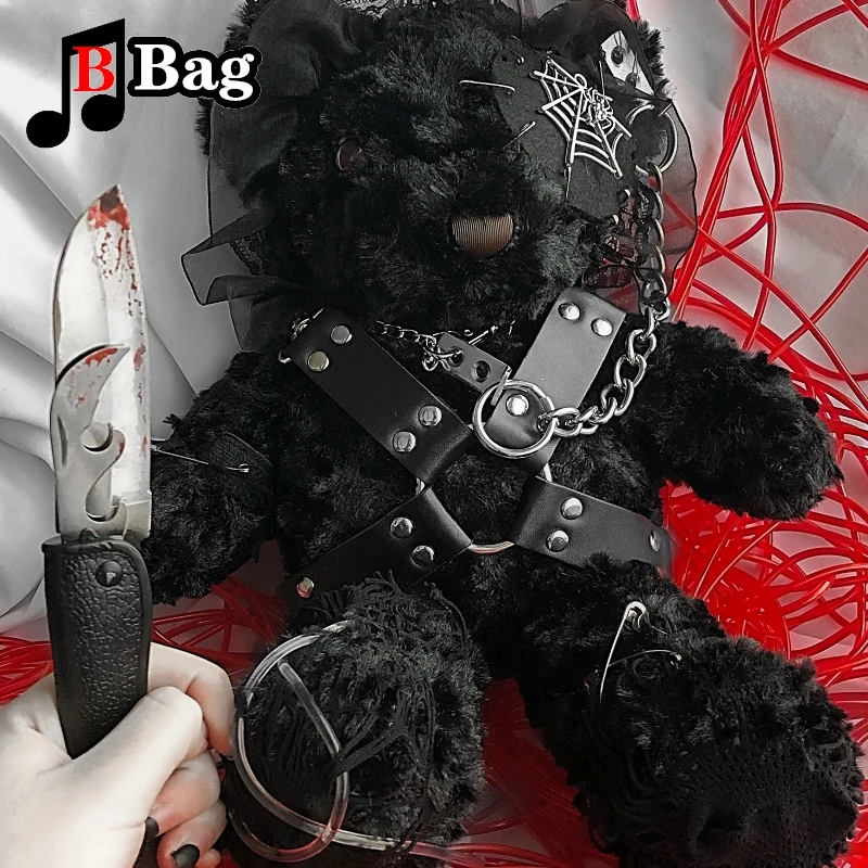 Handmade Gothic Lolita Bear Doll Bag Cool Blood Yandere Gloomy Shoulder Bags Punk Soft Girl Goth Halloween Cosplay Backpack Gift