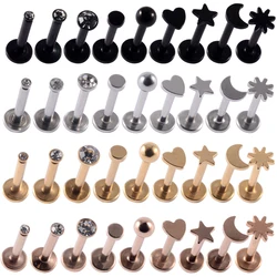 9PCS/Lot Surgical Steel Labret Studs Mixed Shapes Lip Piercing Star Moon Heart Ear Cartilage Tragus Internally Threaded Jewelry