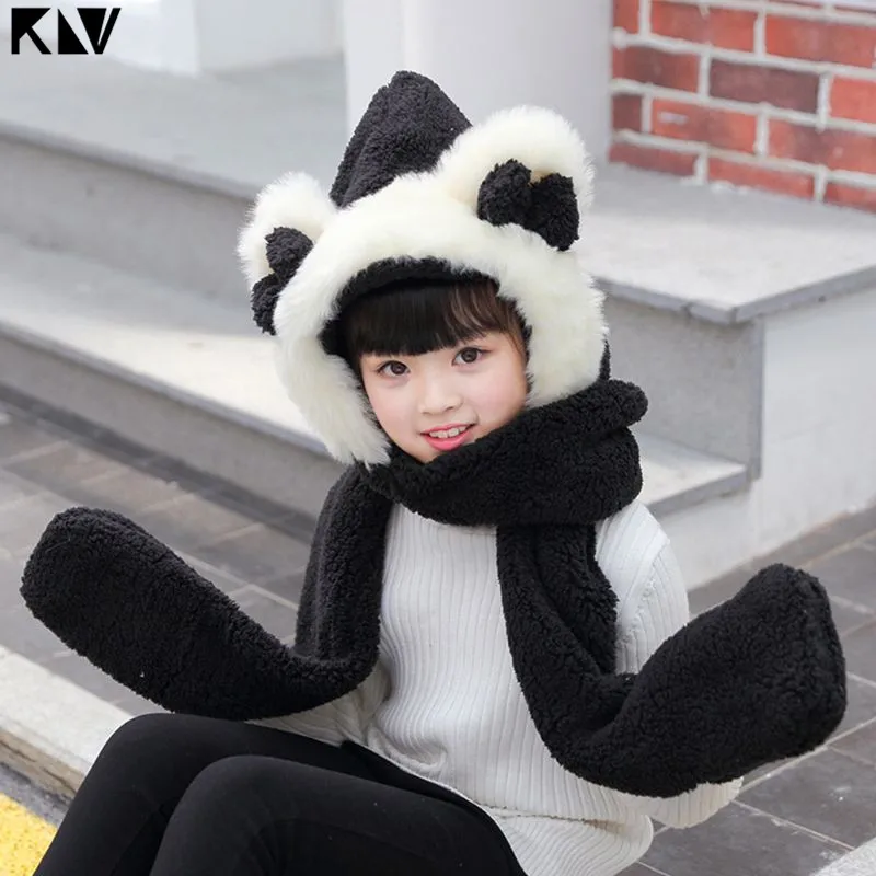 KLV Kids 3 In 1 Warm Plush Winter Hat Cute Bowknot Bear Ears Scarf Gloves Hoodie Cap