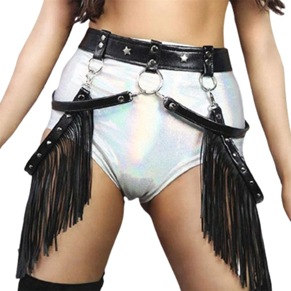 Punk Leather Body Harness Leg Thigh Chain Black Tassel Sexy Waist Belt Chains Rave Nightclub Party Pole Dance Perform Costumes