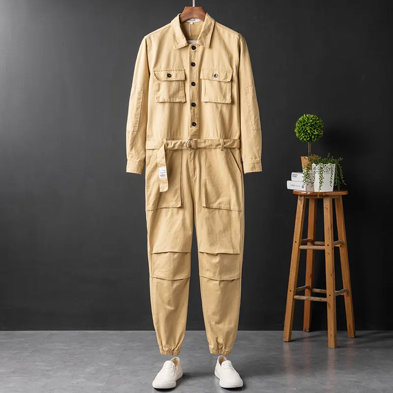 Jumpsuit Men Overalls Cargo Pants Men Long Sleeve Lapel Cotton Hip Hop Streetwear Loose Freight Green Black Trousers