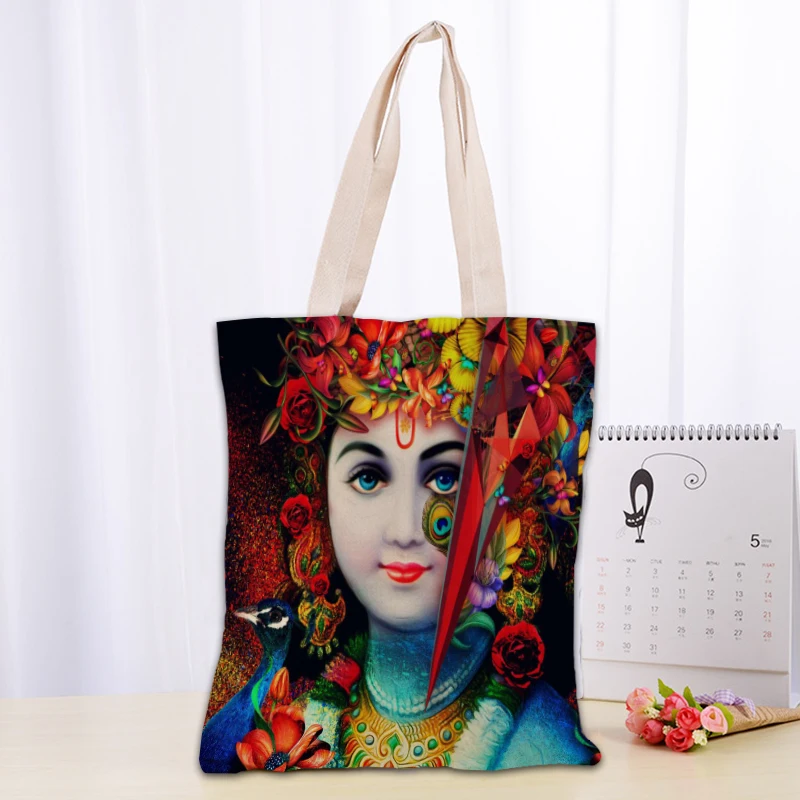 Borsa a tracolla personalizzata Radha Krishna borse in tessuto di tela da donna borse per la spesa riutilizzabili ecologiche borsa a tracolla utile