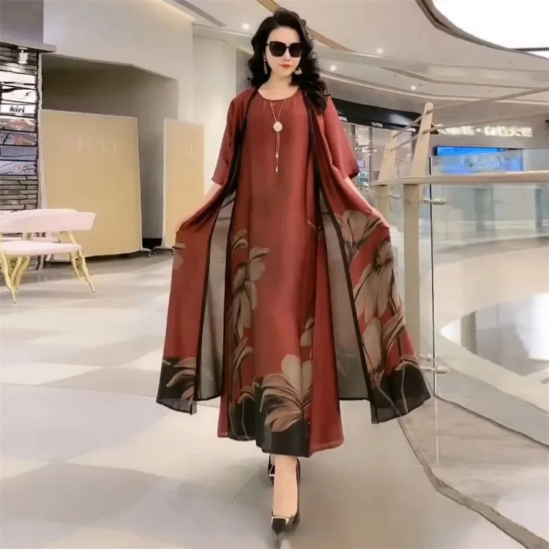 

Middle Aged Mother Dress Suit Summer Casual Fashion Printing Two Piece Suits Long Dress Suits Women Temperament Dress Sets 729