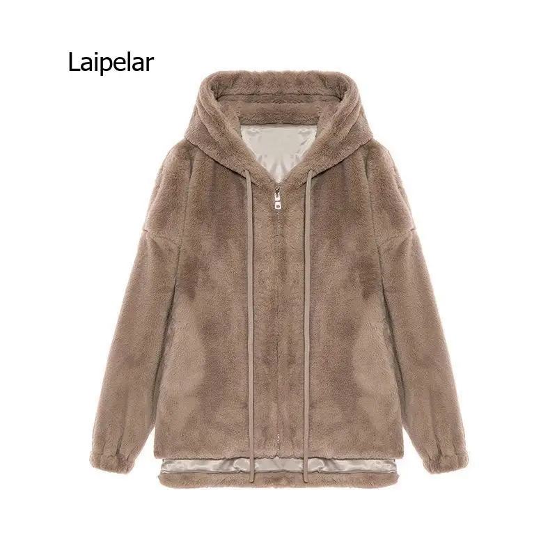 Winter fluffy jacket oversized zipper raglan sleeves faux fur hoodie lightweight and soft Harajuku kawaii style 2021