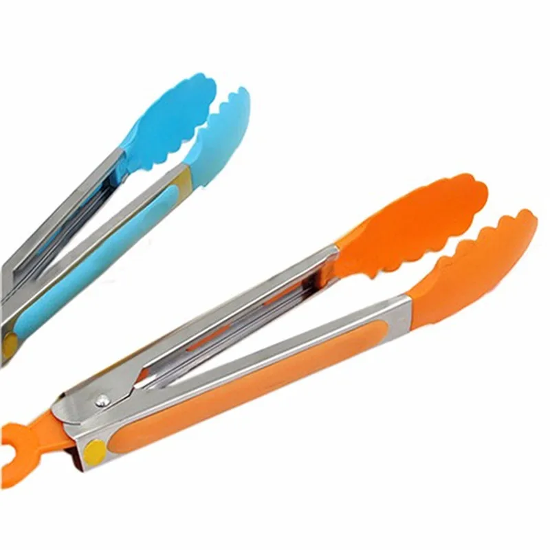 Silicone Heat Resistant Cooking Tong, Clip Clamp, Punho de aço inoxidável, Utensílio de cozinha, Utensílio de cozinha