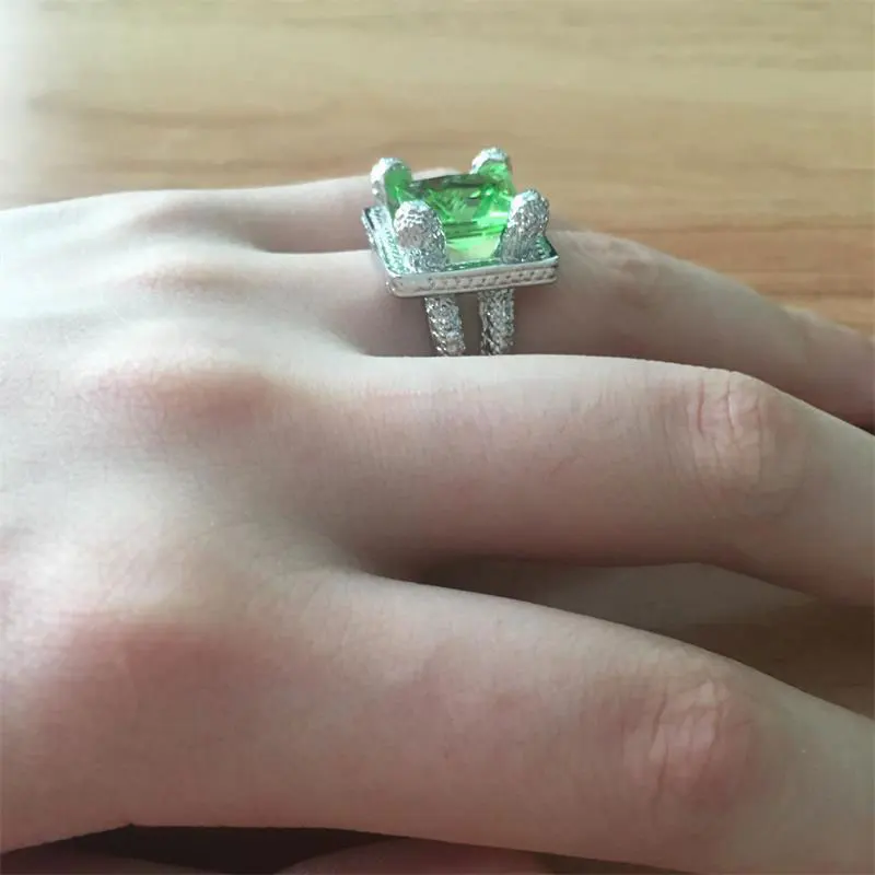 Glamour Fashion Woman Green Zircon Silver Plated Ring Engagement Wedding Ring Jewelry Accessories