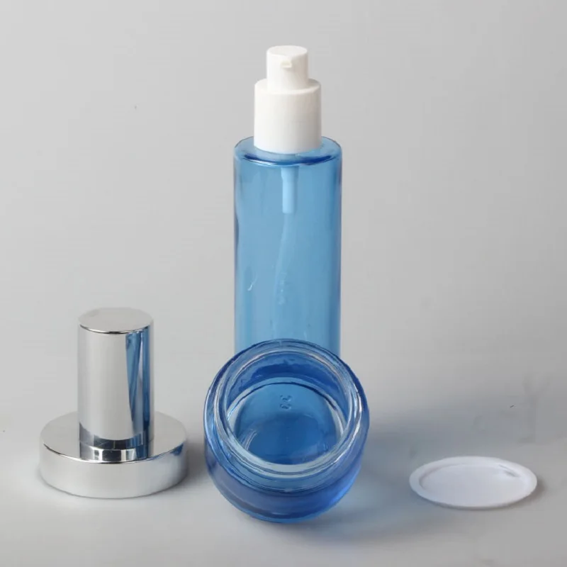 20/30/60/100/120ml Glass Spray Bottle Blue Lotion Pump Liquid Sprayer Fine Mist Refillable Bottle Silver Cap Cosmetic Cream Jar