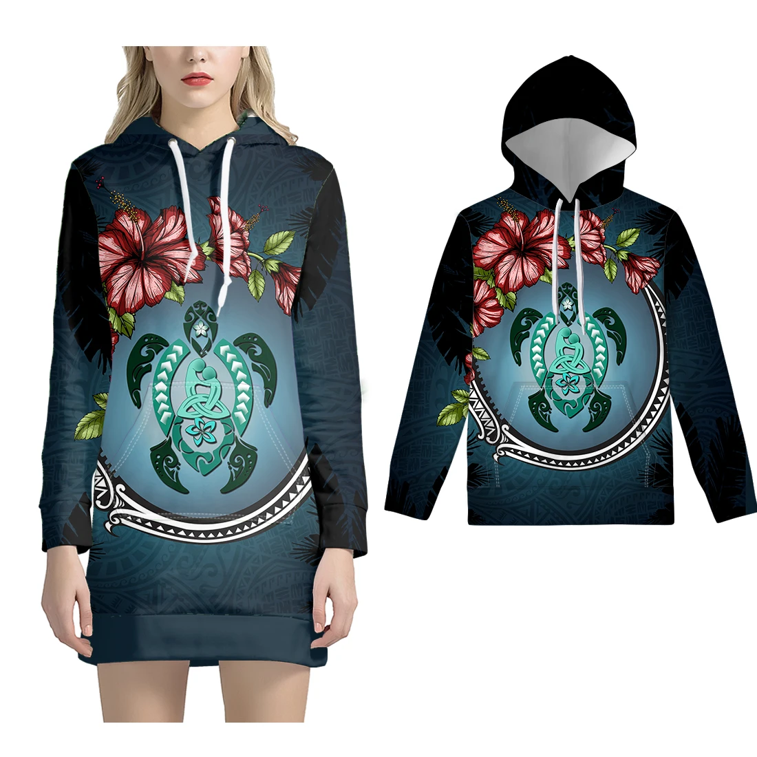 

NOISYDESIGNS Autumn Women Dress Hooded Sweatshirts 3 Pcs Family Pullover Hoodie Hawaii Turtle Polynesian Hibiscus Plumeria Print