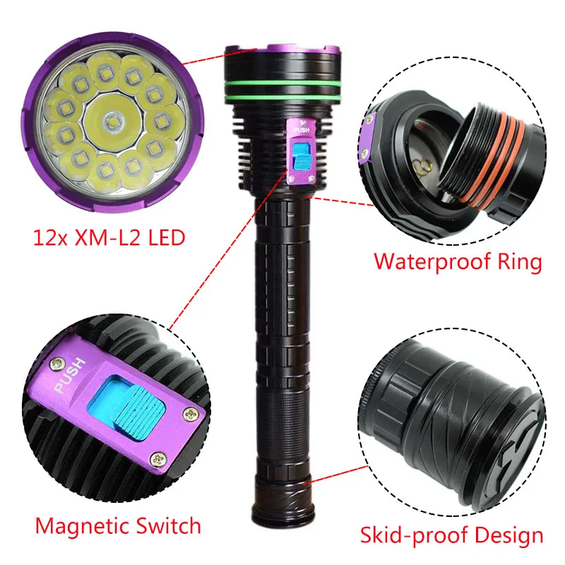 30000LM Underwater Diving Flashlight 12x XML L2 Led Dive Torch Waterproof Scuba Lantern Diver Lamp with 3*18650 Battery+Charger