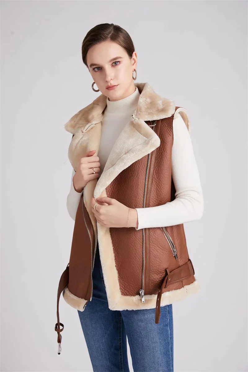 PUWD Slim giacca da donna in ecopelle con gilet in pelliccia inver2021 retro Streetwear cintura con fibbia moda Solid Warm Burrs Outwear Chic femminile