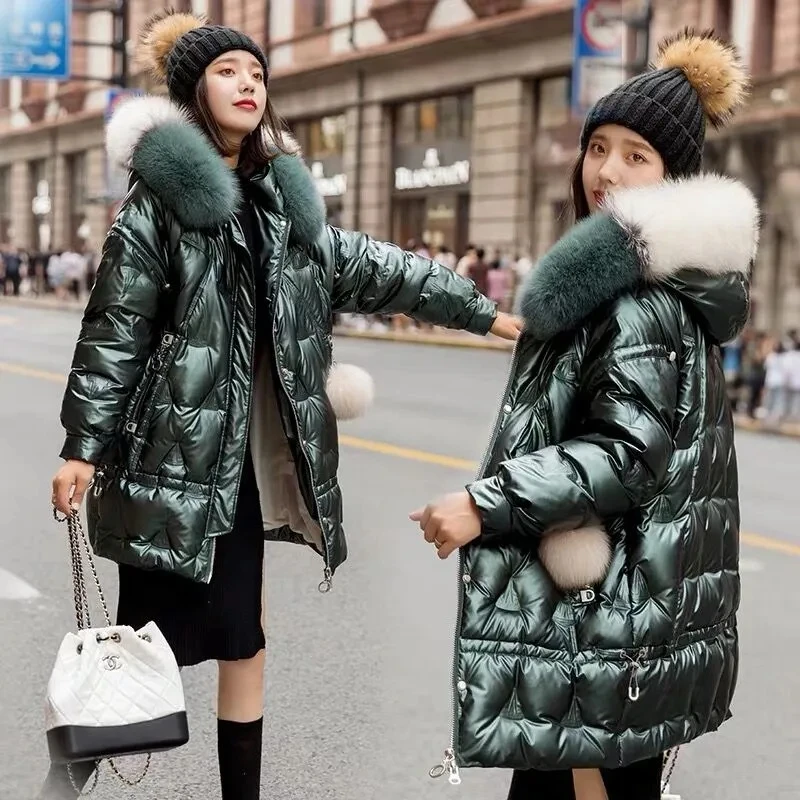 Winter Lightweight Down Jacket Women Thick Warm Loose Doudoune Pocket Ultra Light Duck Down Big fur collar sequin bread coat new