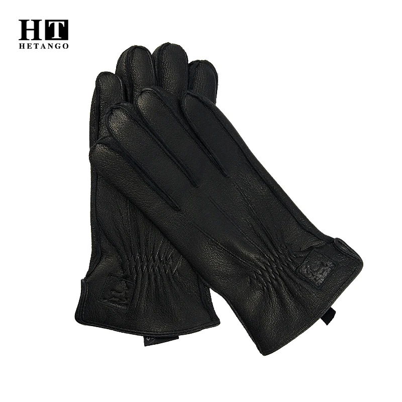 New winter men\'s leather gloves outdoor warm soft wear-resistant outer sewing black lines pattern deerskin mittens wool lining