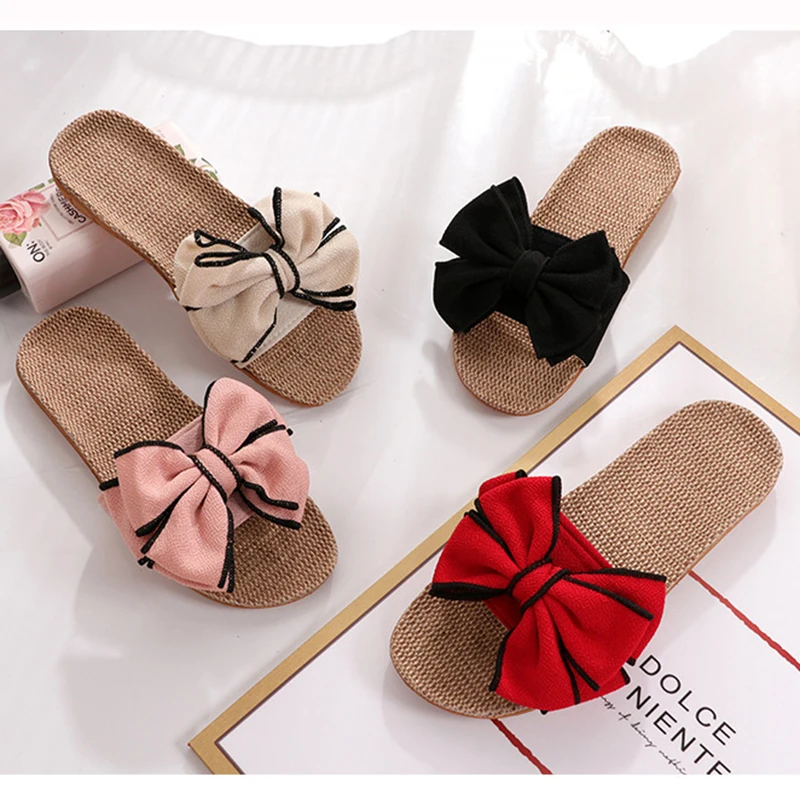 Glglgege Women Summer Casual Slides Comfortable Flax Slippers Striped Bow Linen Flip Flops Platform Sandals Ladies Indoor Shoes