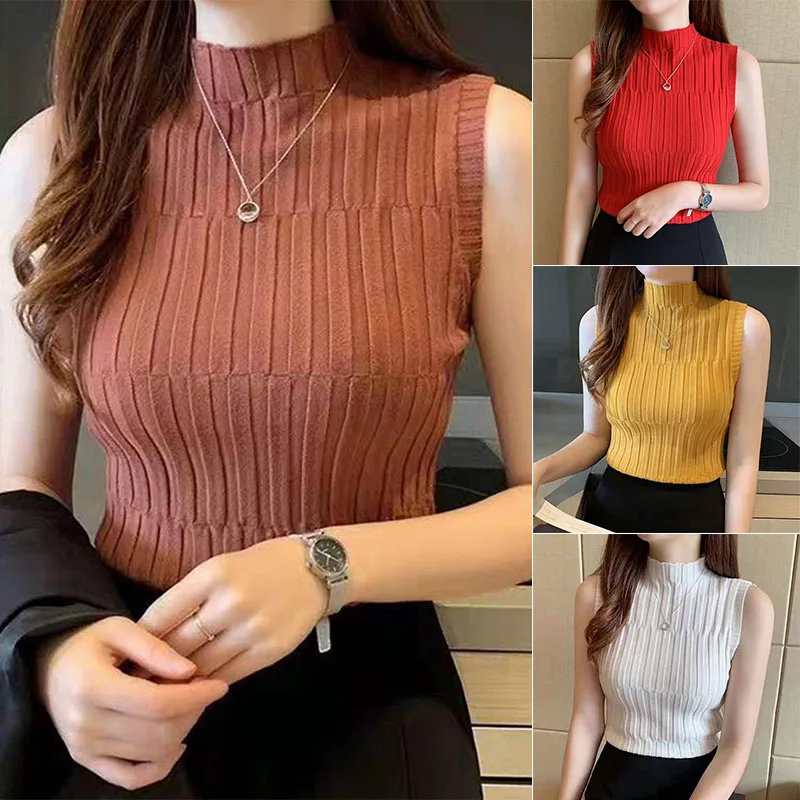 2021 New High Quality Summer Autumn Women Mock Neck Top Turtleneck Sleeveless T-shirt Slim Knitted Vest Female Tee Knitwear