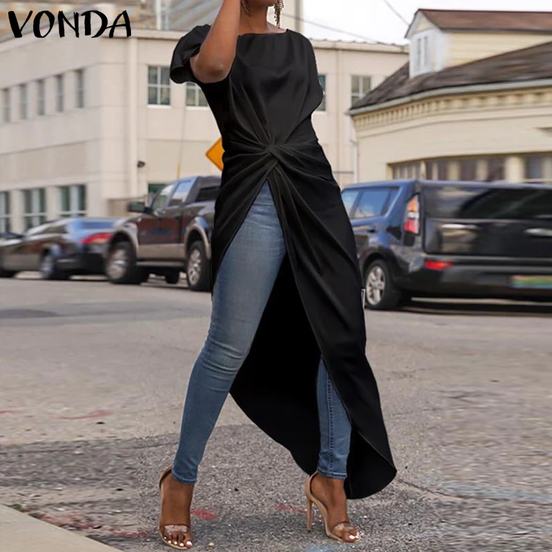 VONDA Women Asymmetrical Blouse 2023 Summer Casual Sexy Split Hem Party Tops Long Ladies Office Shirts Tunic Blusas