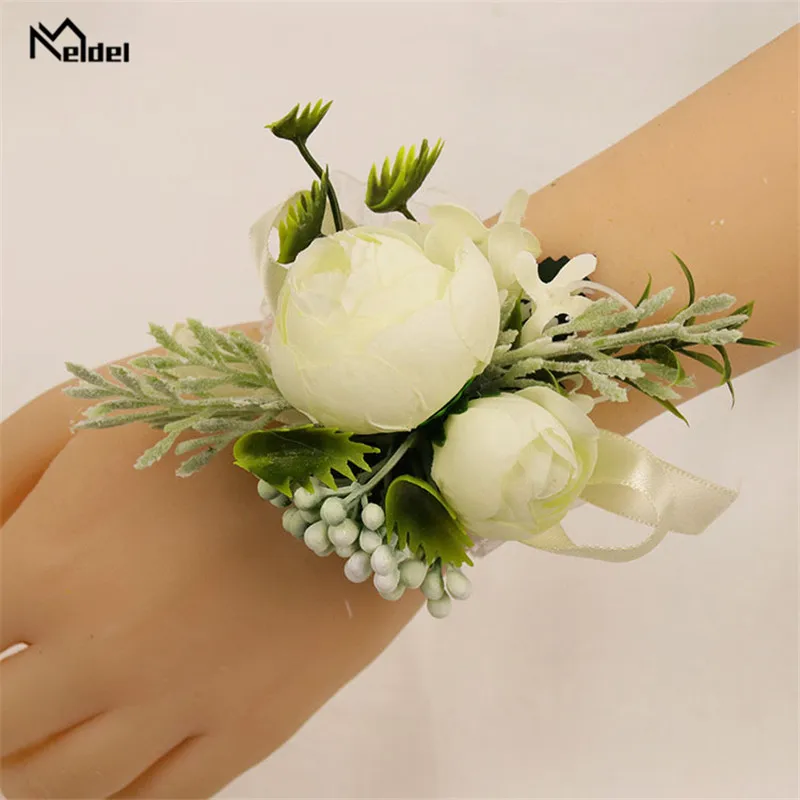 Pulseira branca com rosas, bracelete para madrinhas e damas de honra, bracelete de flores, teste de botão, acessório de terno, broche de casamento