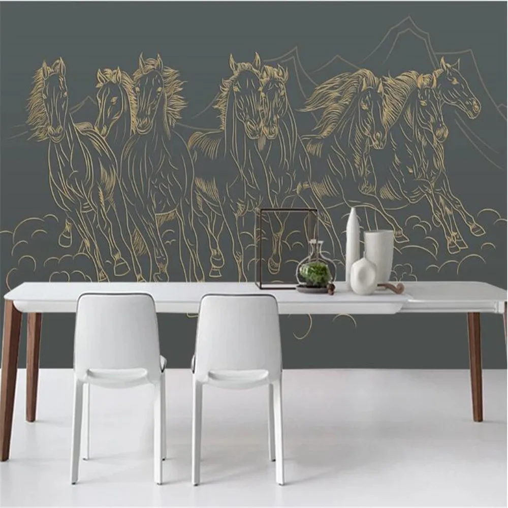 MIlofi golden embossed line eight horse figure light luxury TV background wall decoration painting wallpaper