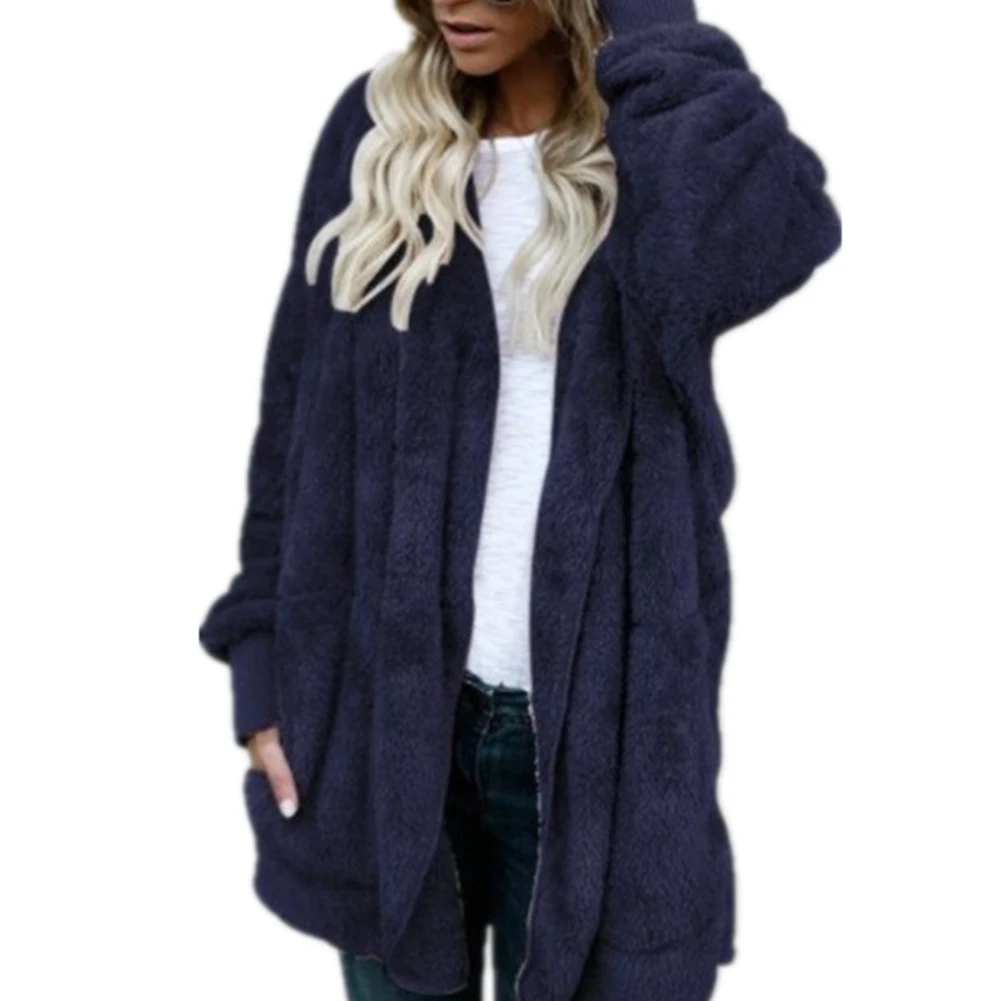 Loose Winter Women Solid Color Plush Faux Fur Warm Long Sleeve Hooded Female Jacket Midi Coat Cardigan 4 Colors