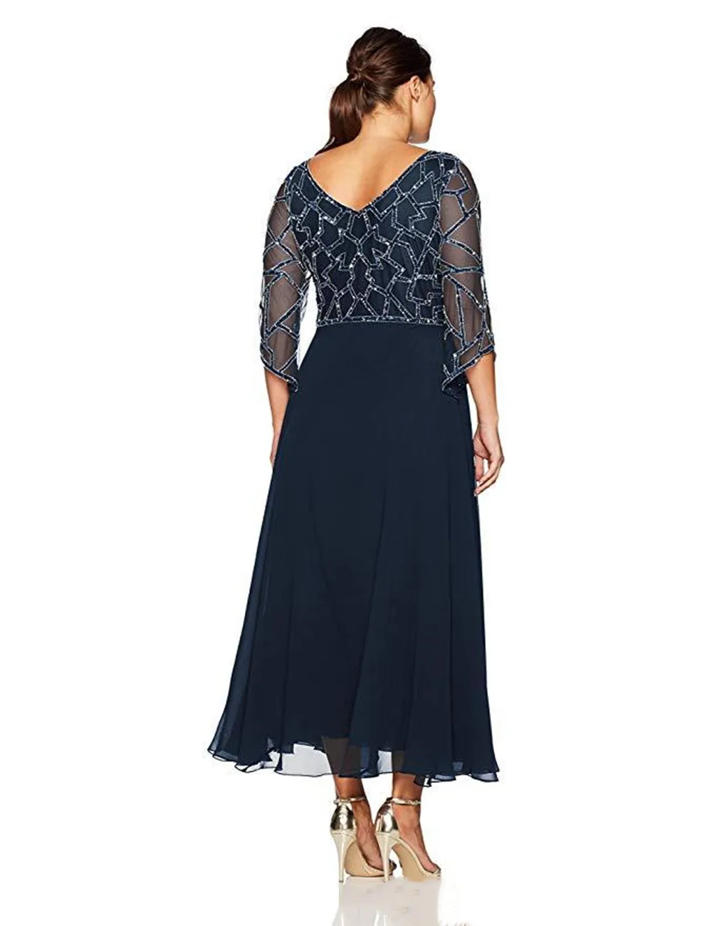 Customized Elegant V Neck Lace Mother Of The Bride Dress Long Sleeves Beaded Sequins Top Ankle Length Plus Size Mother Party Dre