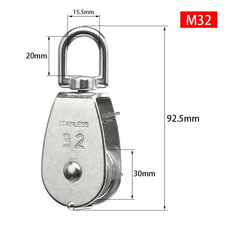 M32 Single Pulley Block Heavy Duty 304 Stainless Steel Pulley Roller Crane Swivel Hook Wheel Swivel Rigging Lifting Wheel