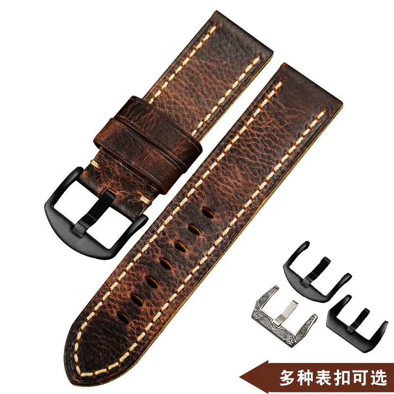 Hand-folded cowhide leather Watchband  for PAM111 20 22 24 26MM men\'s discolored brown retro style raw leather strap