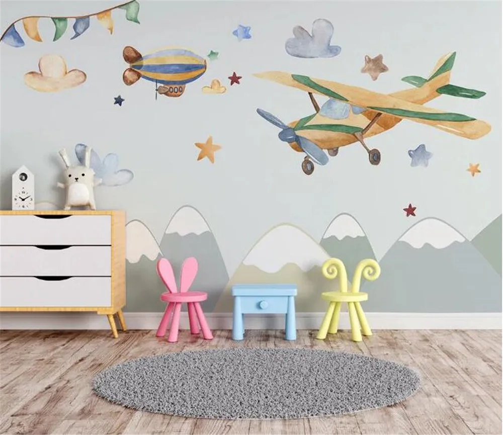 Bacal custom 3D wallpaper mural Nordic hand-painted cartoon aircraft children's room bedroom background wall paper huda beauty