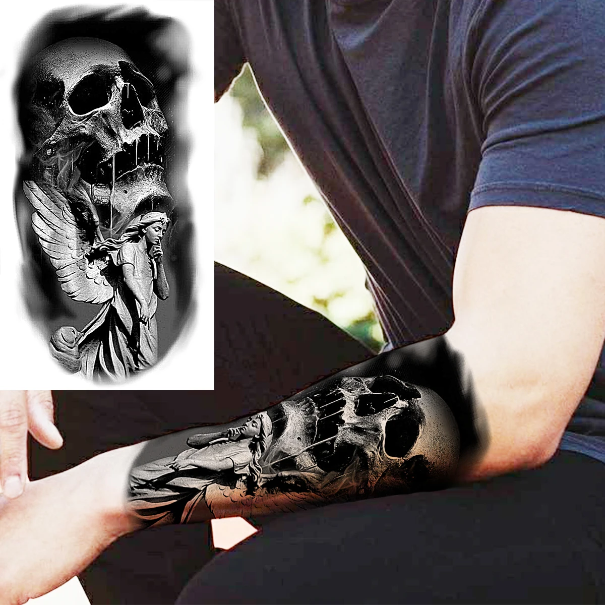 Tatuaje temporal de esqueleto de Halloween de calavera negra para hombres adultos, realista, León, Tigre, Lobo, tatuaje falso aterrador, pegatina de