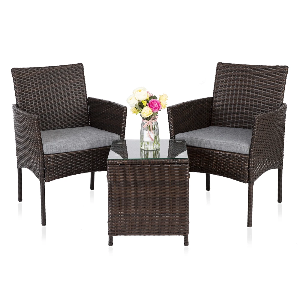 Outdoor Patio  Furniture Set 3 PCS PE Rattan Wicker Chairs Set Cushion with Table Outdoor Garden Furniture (Brown)