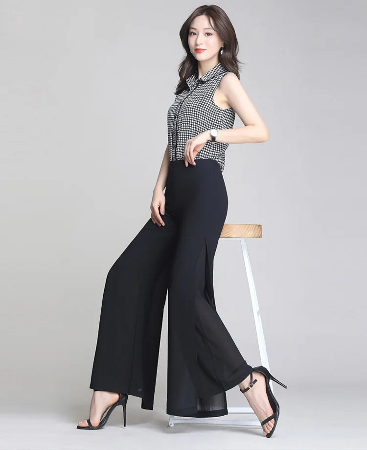 Dance Pant Hot Sale Ladies Baggy Pants Summer Casual Pants Women Wide Leg Fashion High Waist Side Split Black White Chiffon Pant