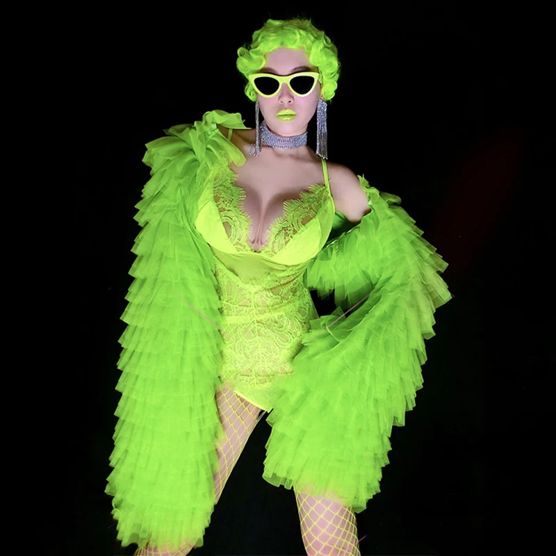 Fluoreszierender grüner Spitzen-Body Drag Queen Kostüme Retro Puffärmel Sexy Rave Outfit Nachtclub Gogo Tänzerin Kostüm DNV15155