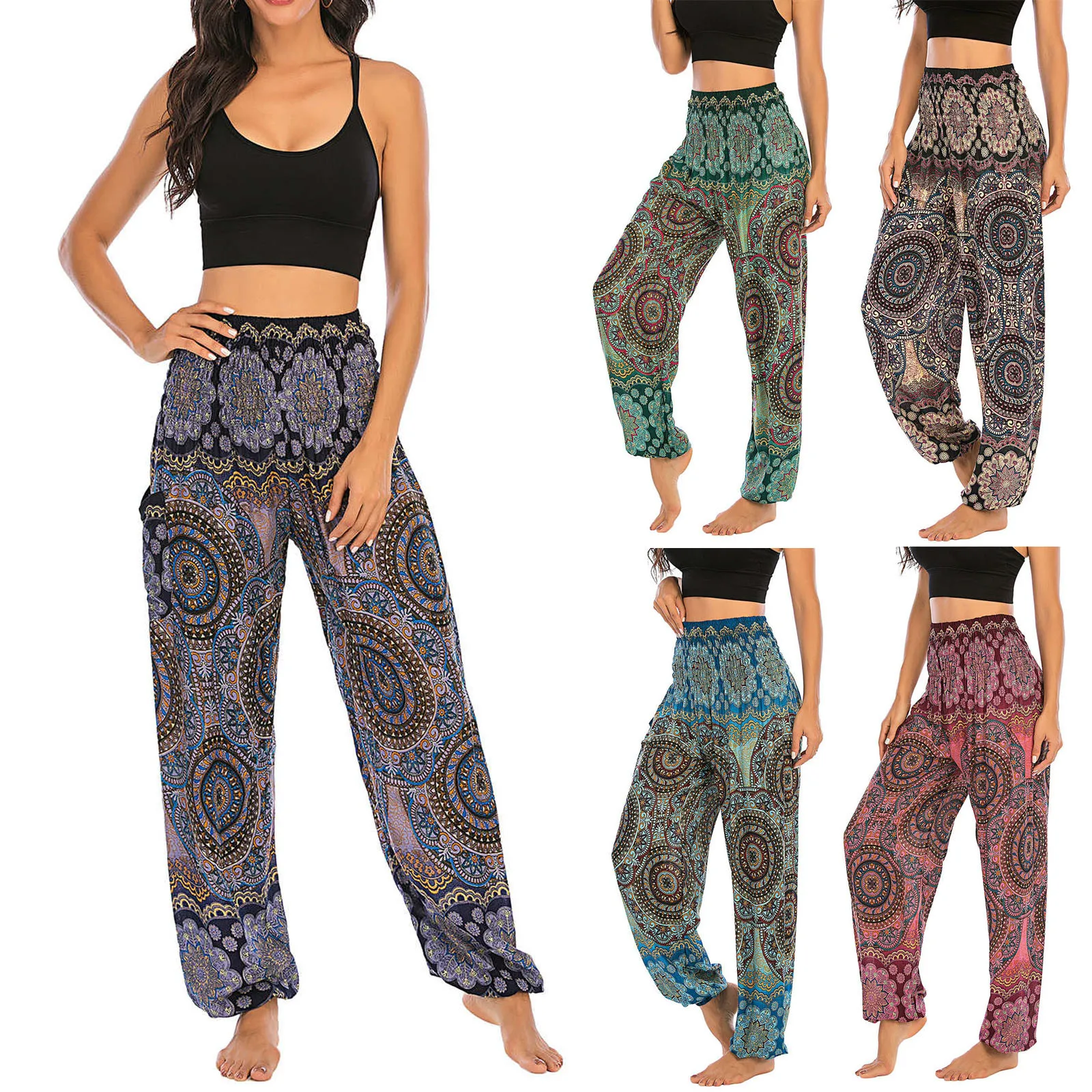 Men Women Bohemian Yoga Pants Thai Harem Trousers Boho Festival Hippy Smock High Waist Yoga Pants