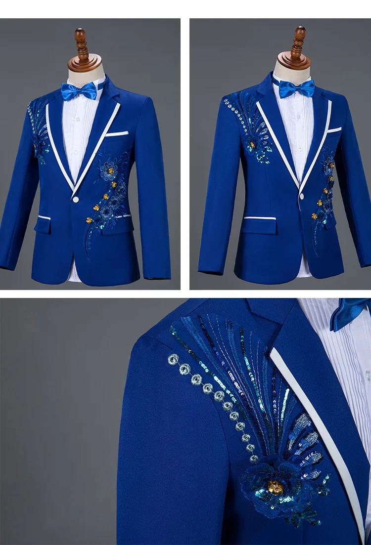 Royal Blue Sequin Embroidery Suit Men Wedding Groom Tuxedo Suits Pants Mens One Button Peak Lapel Stage Costume Traje Hombre 2XL