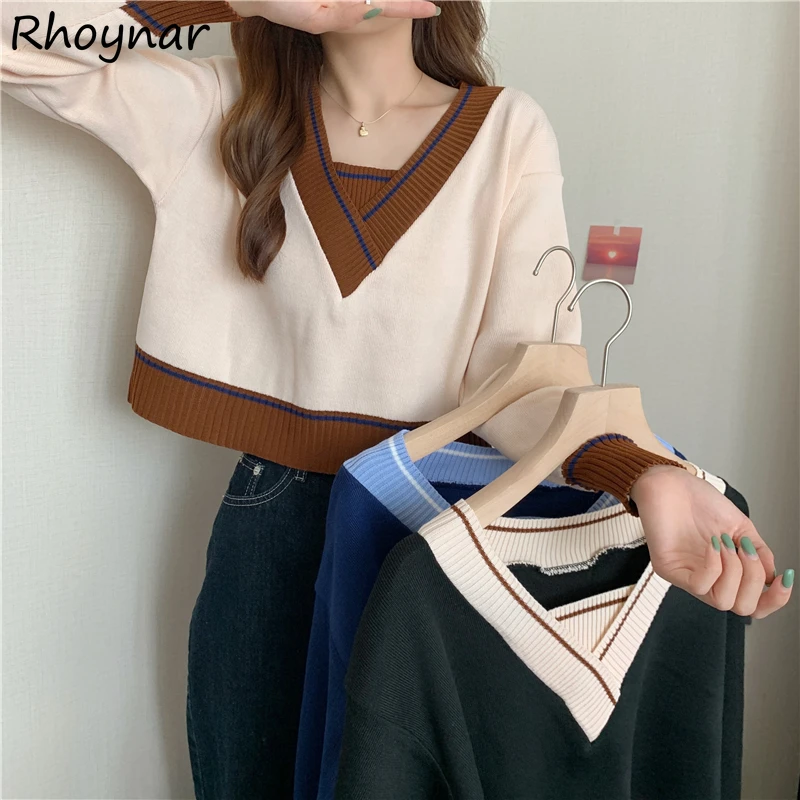 

Pullovers Women Cropped Ladies Sweaters All-match Lovely Patchwork Design Loose Casual Autumn Newest Popular Vintage Teens Ins