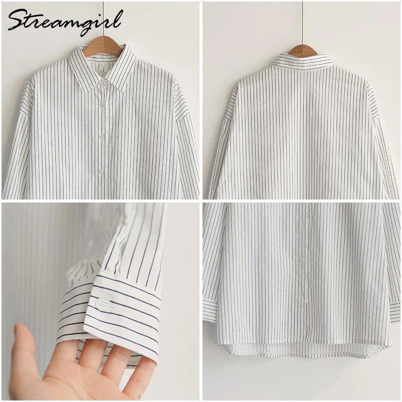 Streamgirl White Striped Shirt For Women 2021 Feminine Blouse Spring Fashion Stripe Office Button Up Shirt Women Long Sleeve