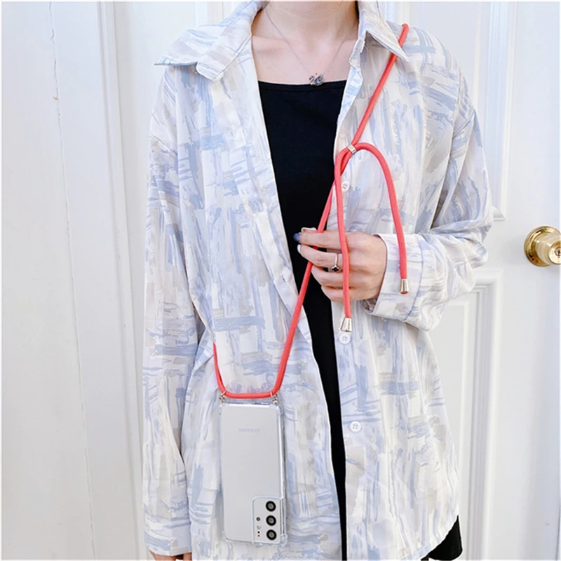 Casing ponsel transparan tali kabel Lanyard tali leher untuk Samsung S24 S23 S22 Plus S21 FE S20 Ultra S10 penutup silikon lunak