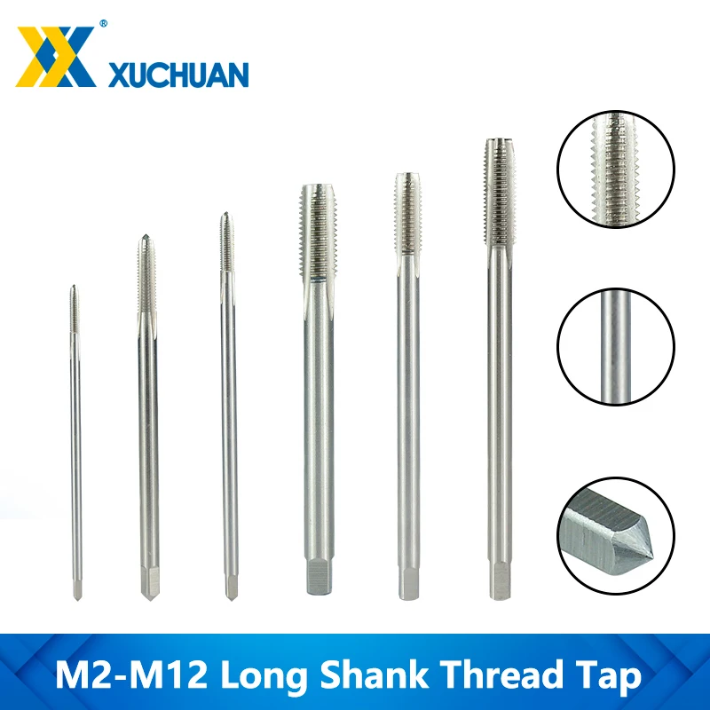 Benang Tekan Panjang Shank M2-M12 Metrik HSS Spiral Seruling Keran 90-150 Panjang Untuk Pengerjaan Logam Alat Thread Ketuk Bor