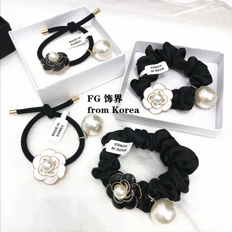 White Big Pearl Flower Camellia Hair Ties Ropes Luxury Handmade Rose Alloy Elastic Hair Band Princess Crystal Hair Accessories