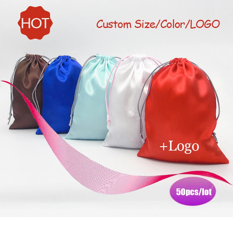 Satin Drawstring Bag Jewelry Packaging Hair Cosmetic Makeup Silk Drawstring Pouch Wedding Gift Wrapping Sachets Print Logo 50PCS