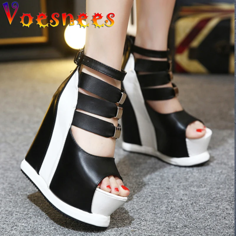 

Wedges Shoes for Women Flock Ankle Boots ZIP Thick Bottom Peep Toe Sexy Hollow High Slope Summer Shoes Ladies Platform High Heel