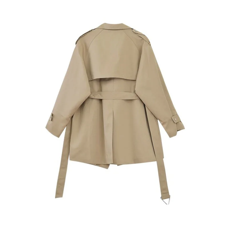 2024 Autumn New Women Khaki Short Trench Coat With Sashes High Quality Loose Casual Lapel Long Sleeve Female Windbreaker Outwear