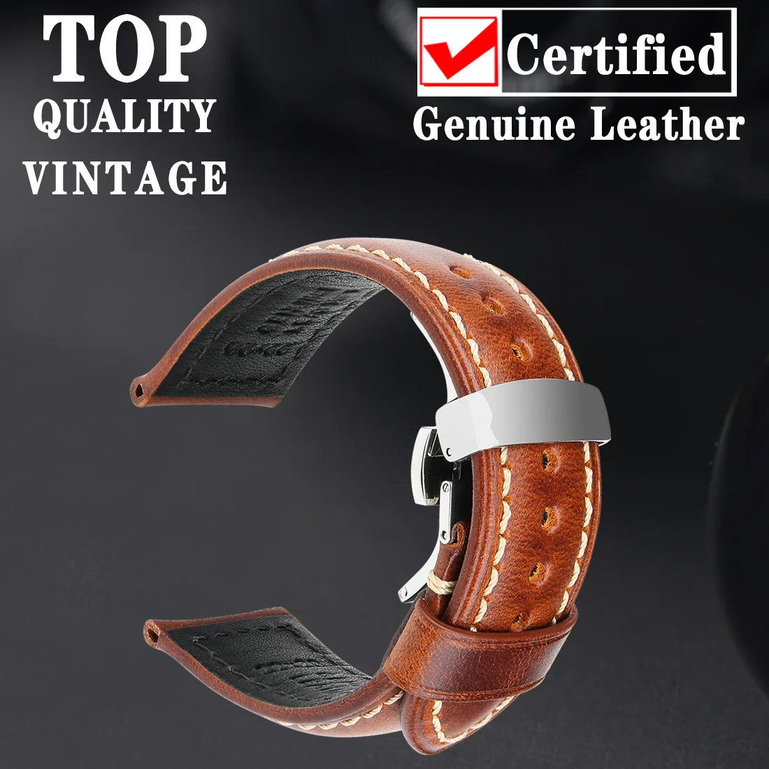 MAIKES Discoloration Leather Watch Strap 22mm Cow Leather Watchband  For Watch Strap Bracelets Butterfly Buckle Replacement 18mm