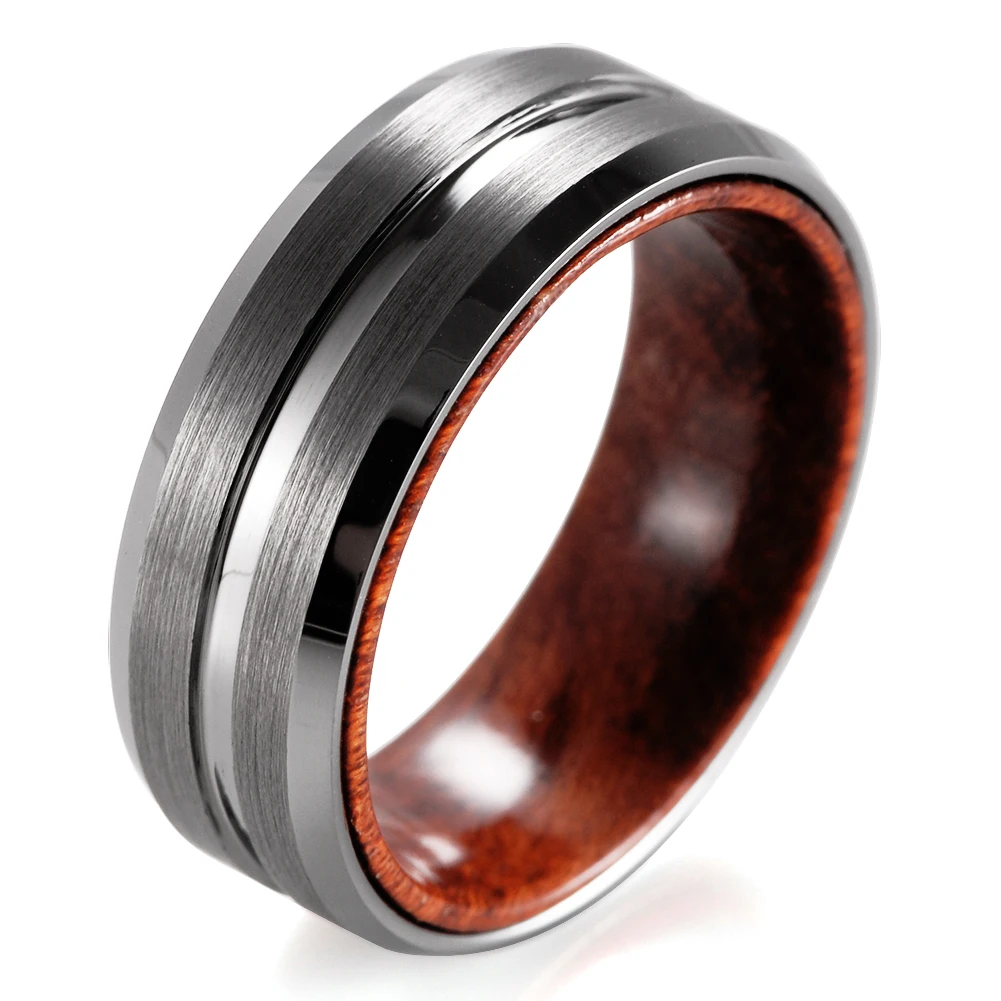 8mm Men's Grooved Tungsten Wedding Band Solid Wenge Wood Brushed Tungsten Ring Outdoor man Anniversary Engagement Ring