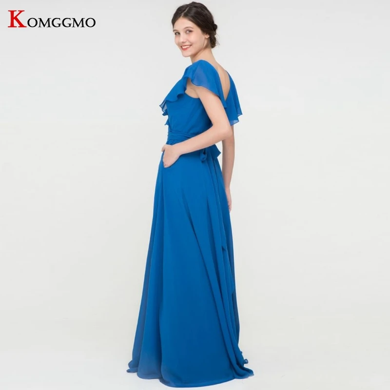 Nach Maß V-ausschnitt Rüschen Chiffon A-Line Abendkleid High-End Cap Sleeve Bodenlangen Bogen Gürtel Sweep Zug Brautjungfer kleid