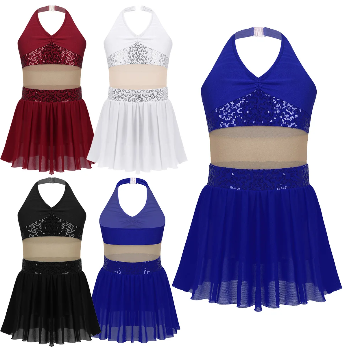 Meisjes Lyrische dans kostuums Mouwloze Halter Pailletten Elastische Mesh Splice Turnpakje Jurk voor Moderne Hedendaagse Ballroom Dans