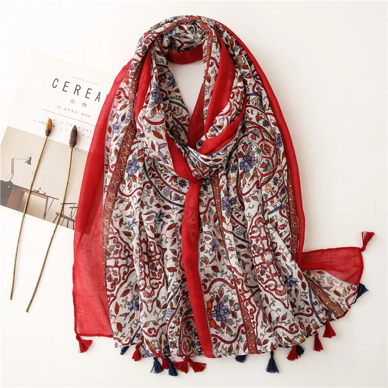 

2021 Fashion Women Vintage Flower Print Tassel Scarf Shawls Long Soft Floral Scarves Hijab Wrap